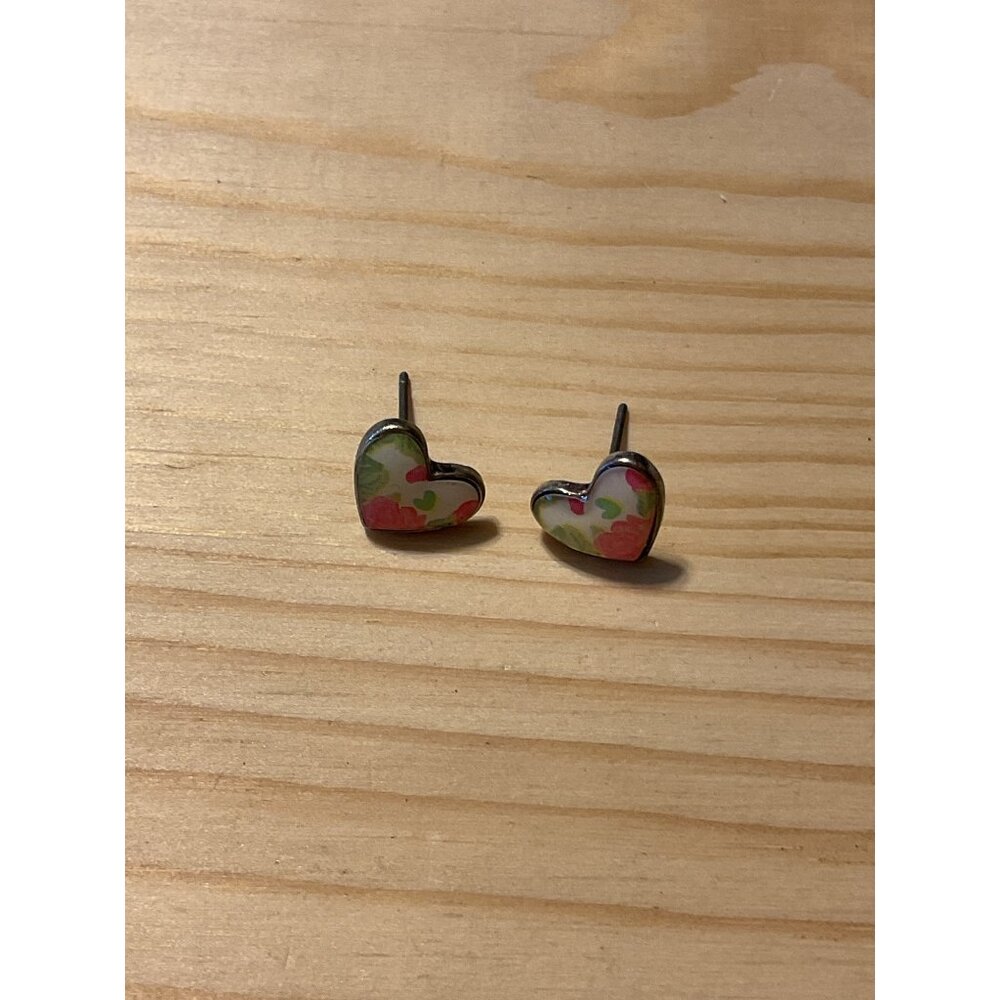 Heart-Shaped Floral Stud Earrings Silver Tone With Pink & Green Accents